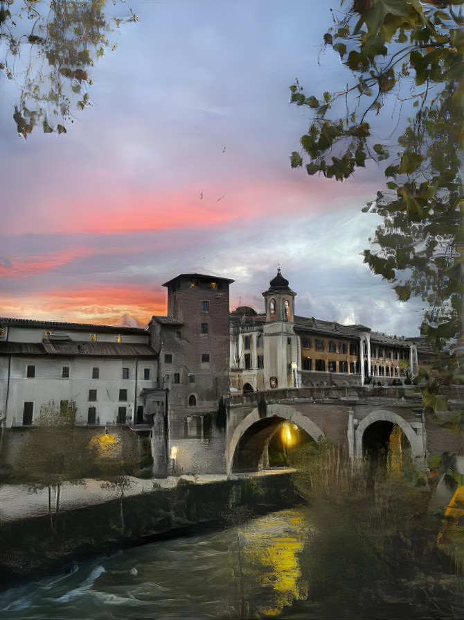 sunset over Rome's Tiber Island