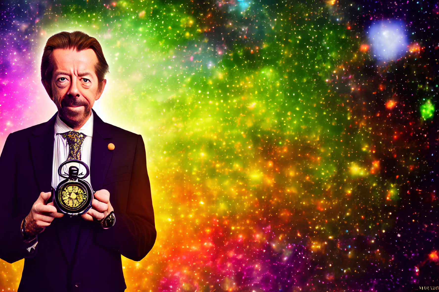 Person in suit with mustache holding ornate pocket watch against cosmic background