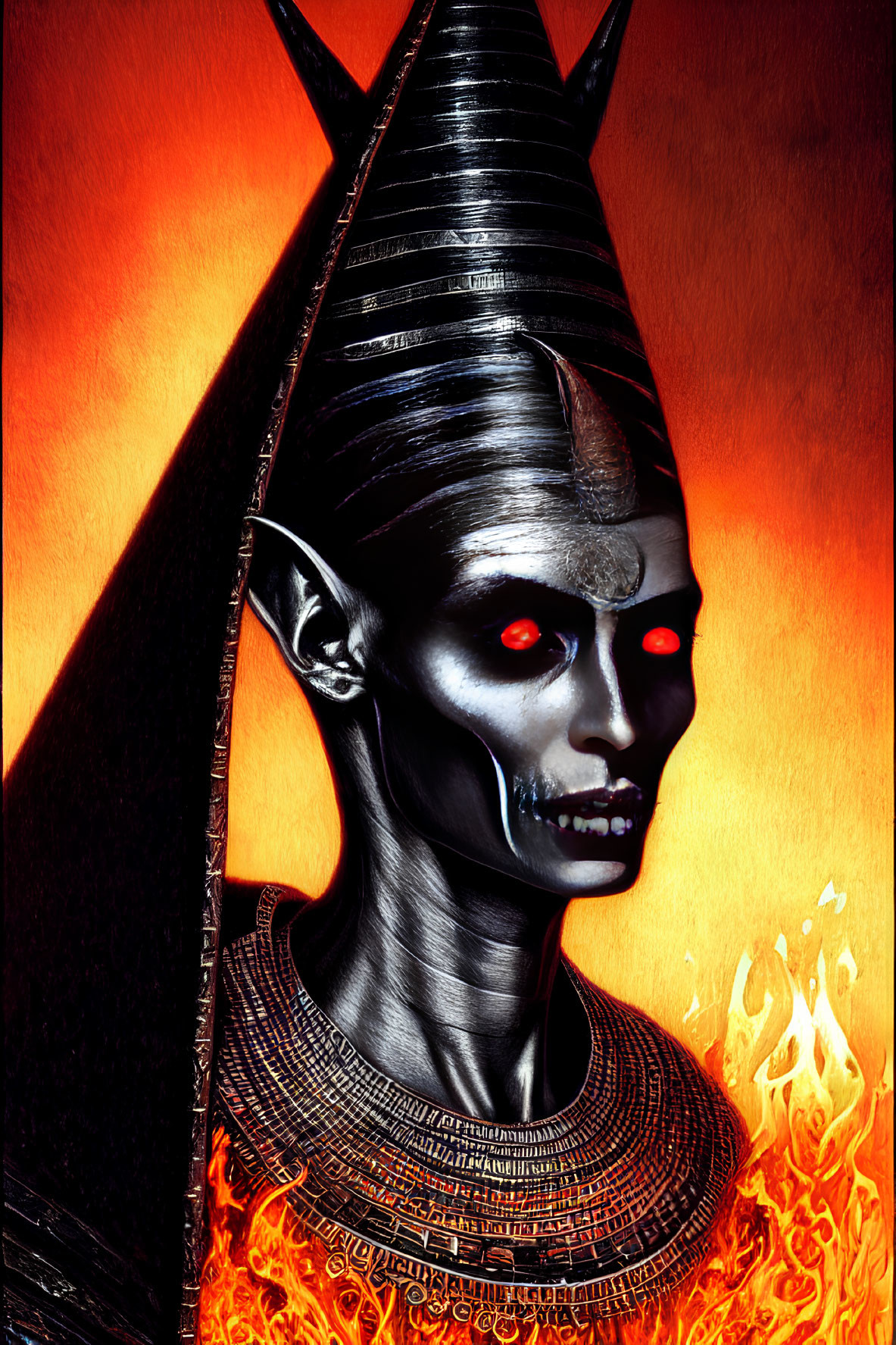 Elongated head figure with orange eyes and Egyptian headdress on fiery background