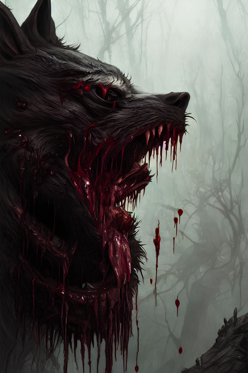 Menacing Black Wolf with Red Eyes in Eerie Forest