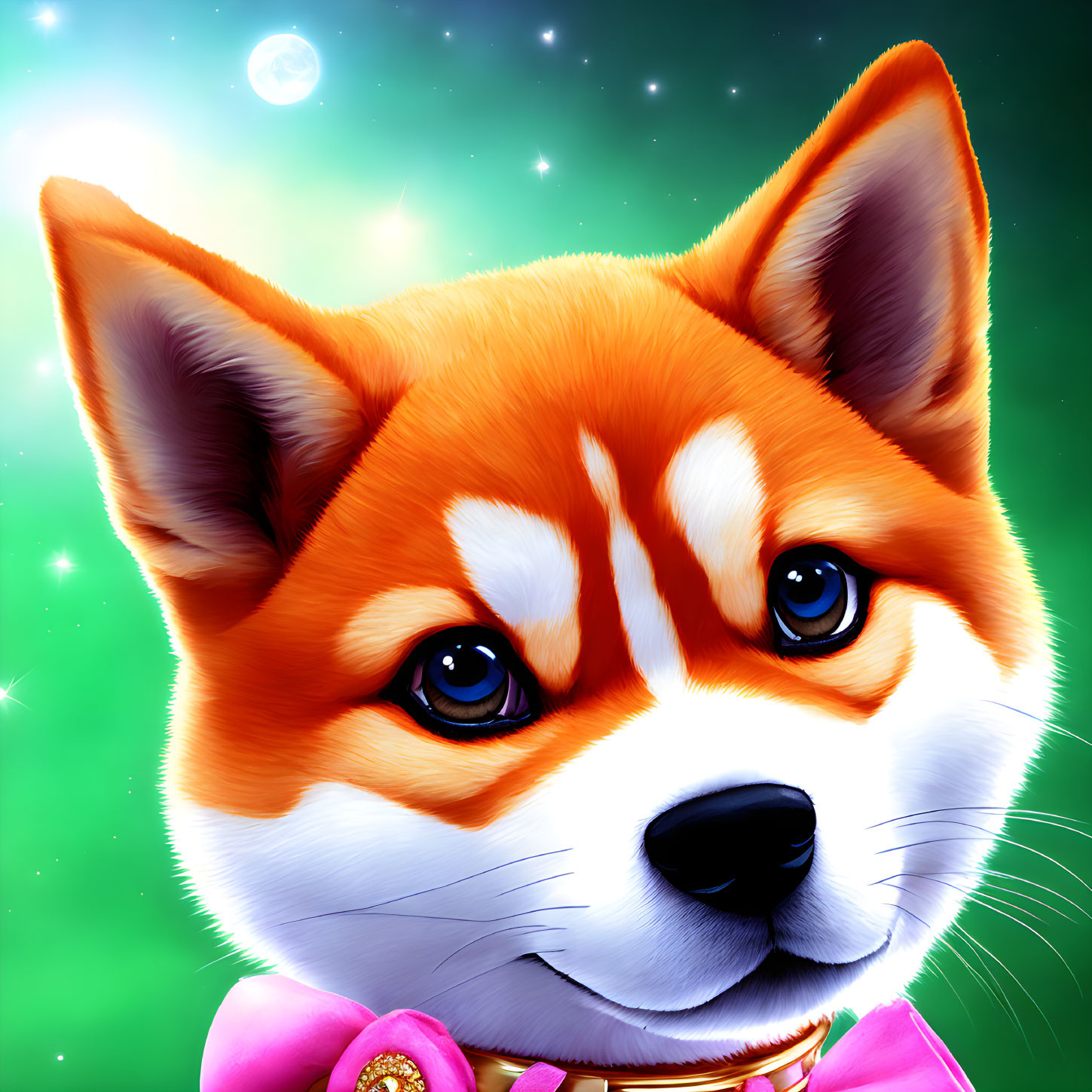 Colorful Shiba Inu digital art with expressive eyes on starry green background