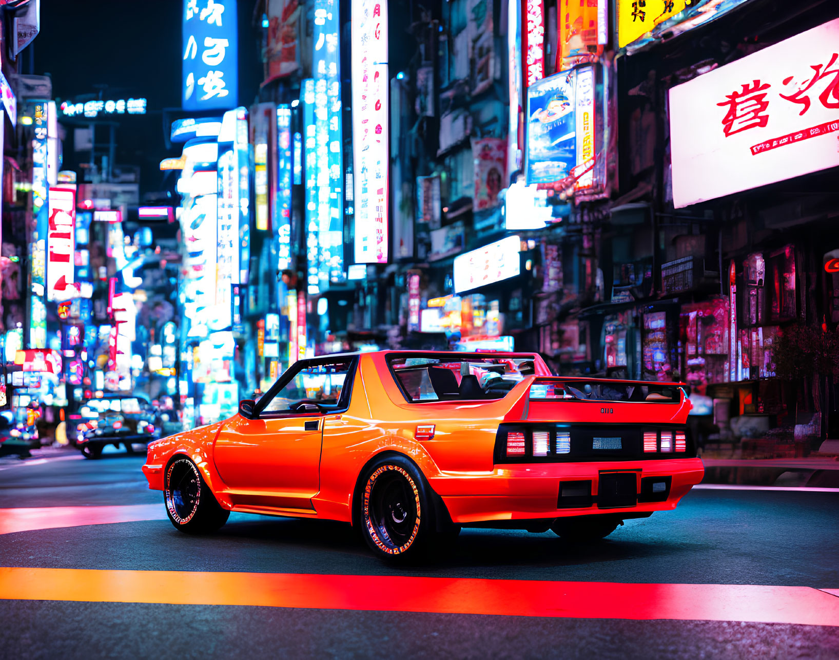 Neon-lit street scene with bright orange sports car at night