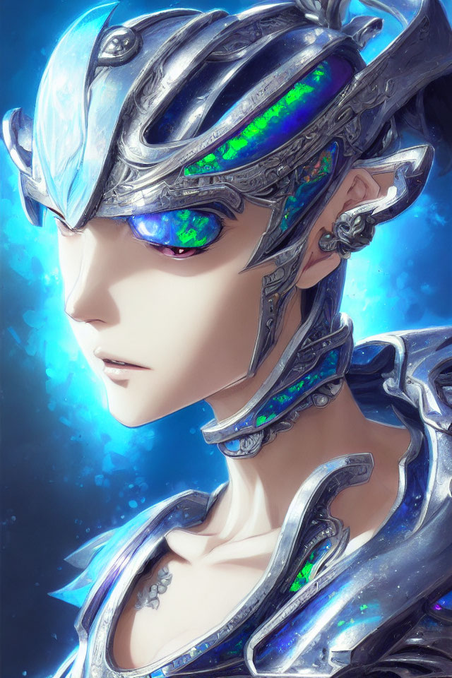 Character with green eyes in silver-blue armor against starry backdrop