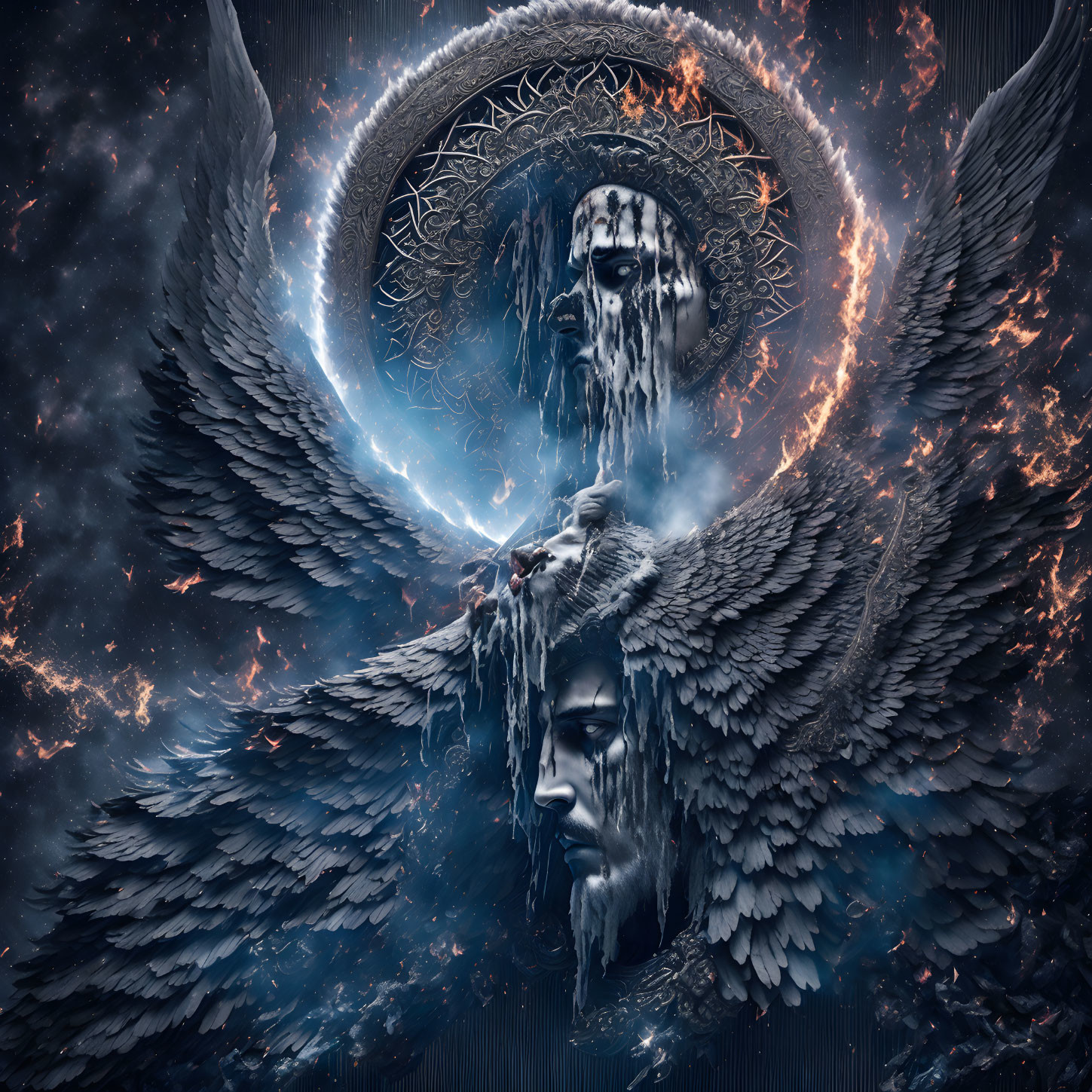 Mystical image with winged faces, glowing portal, fire and ice in celestial scene