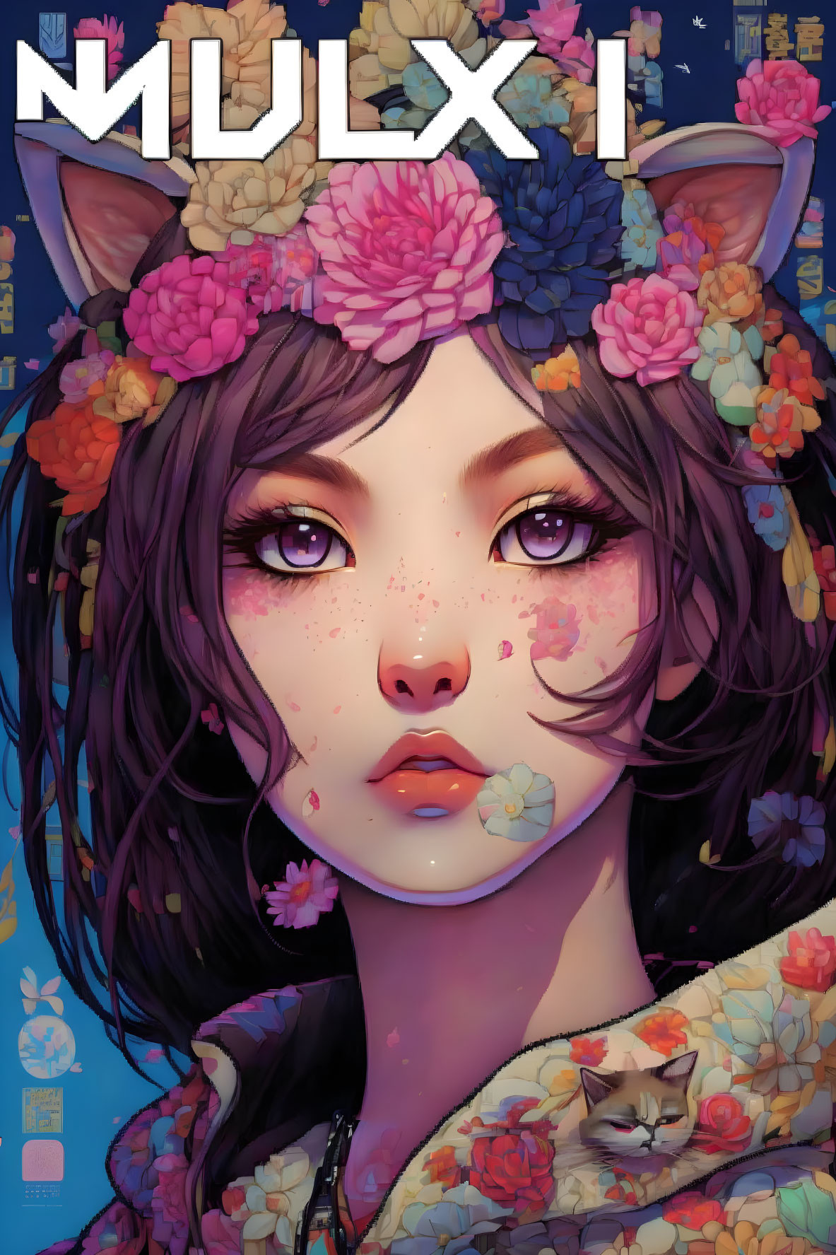 Illustration of girl with cat ears, floral wreath, freckles, expressive eyes, and