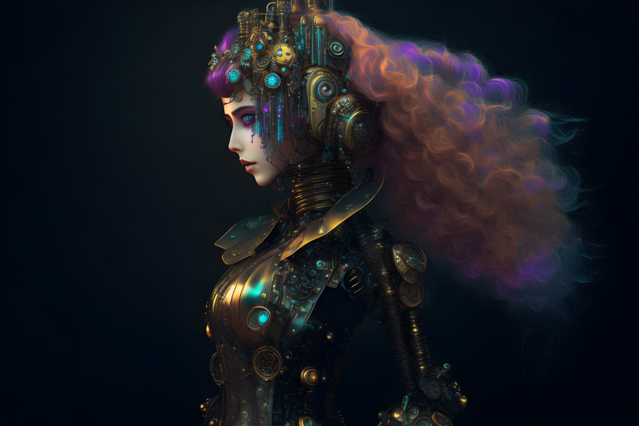 Female Cyborg with Intricate Mechanical Details and Colorful Hair on Dark Background