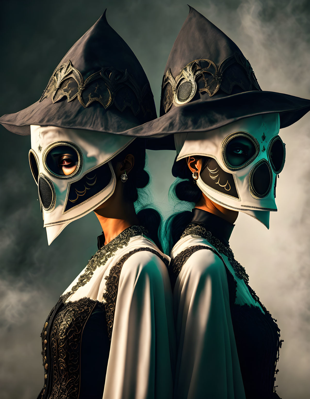 Two people in ornate plague doctor masks and period costumes with wide-brimmed hats in a mo