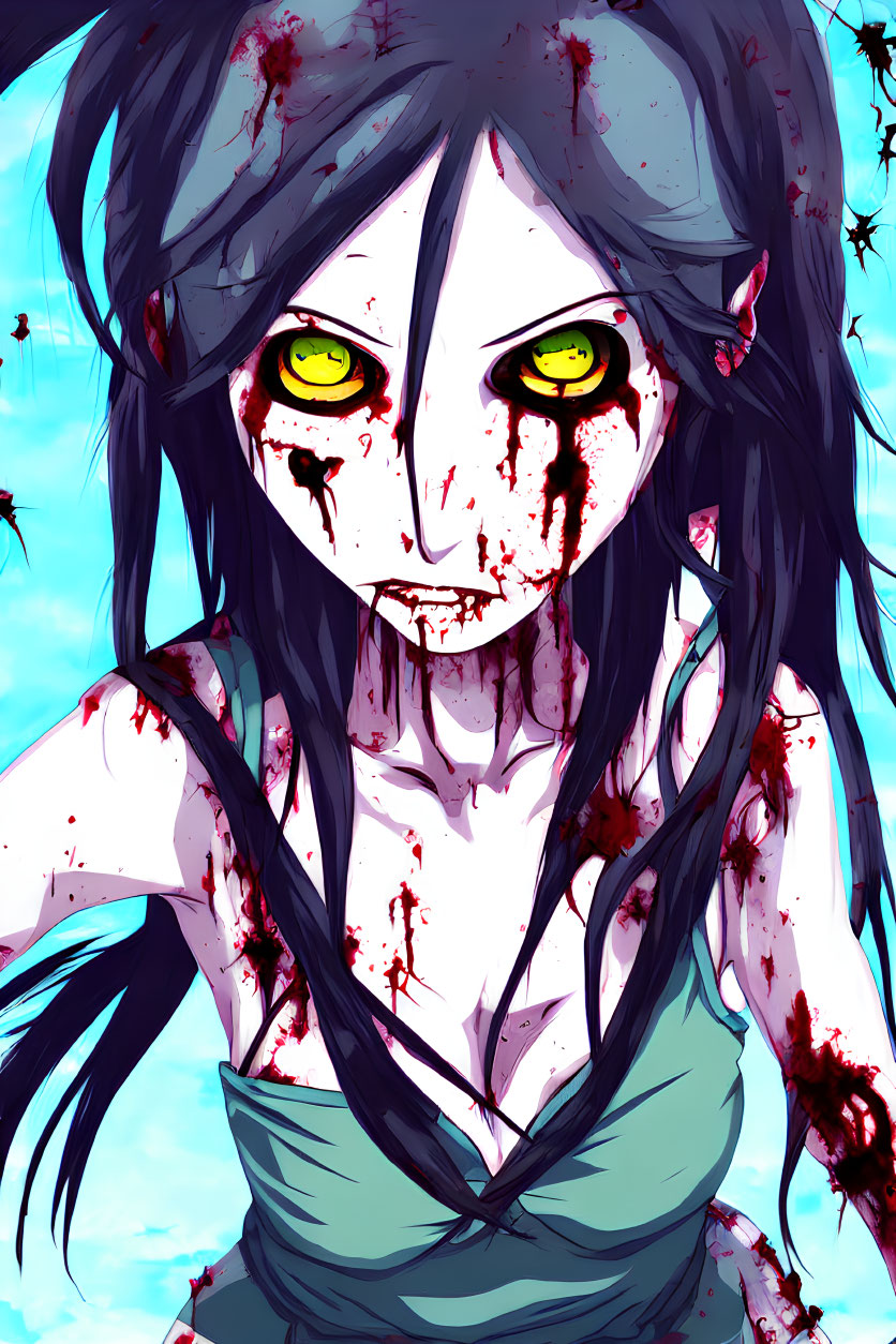 Anime-style character with long black hair, yellow eyes, blood splatters, blue dress