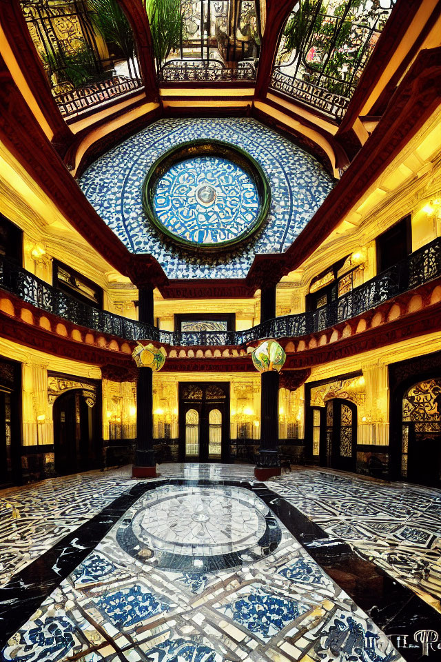 Luxurious interior with stained glass ceiling and mosaic floor patterns