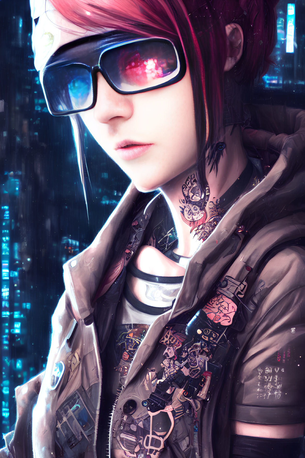 Illustration of person with red hair and cyberpunk sunglasses in futuristic cityscape