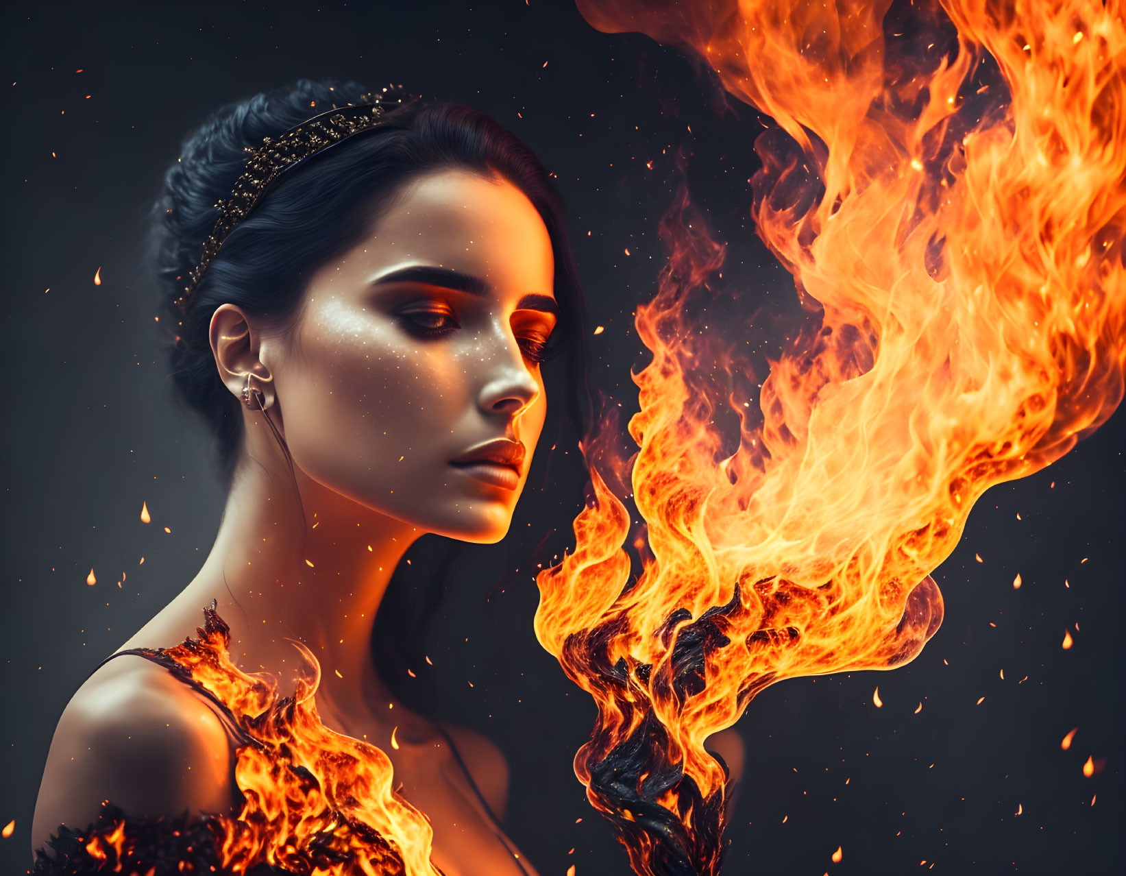 Profile of woman with tiara, surrounded by flames on dark background