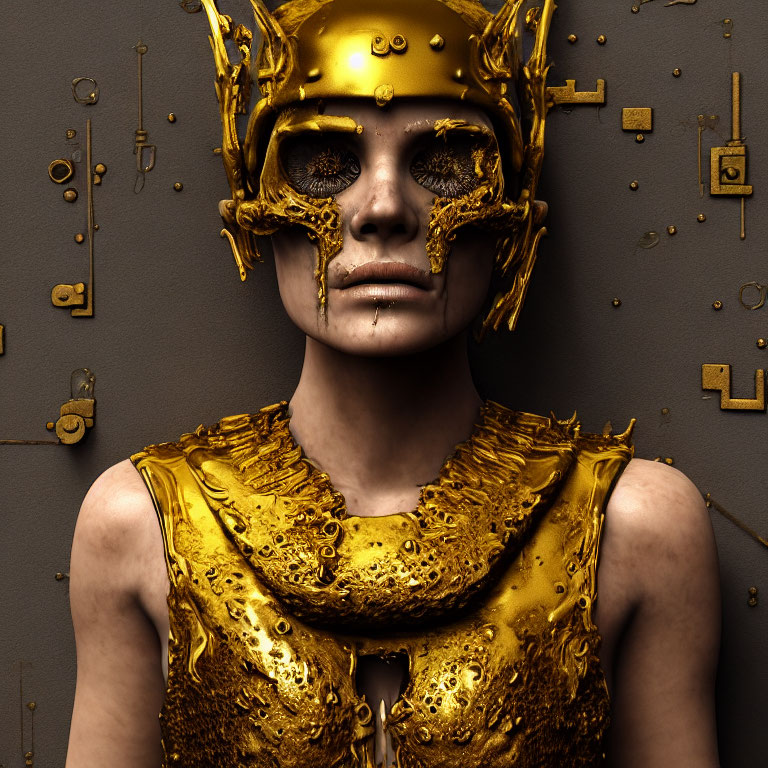 Elaborate Gold Headgear and Armor with Intricate Designs on Golden Mechanical Backdrop