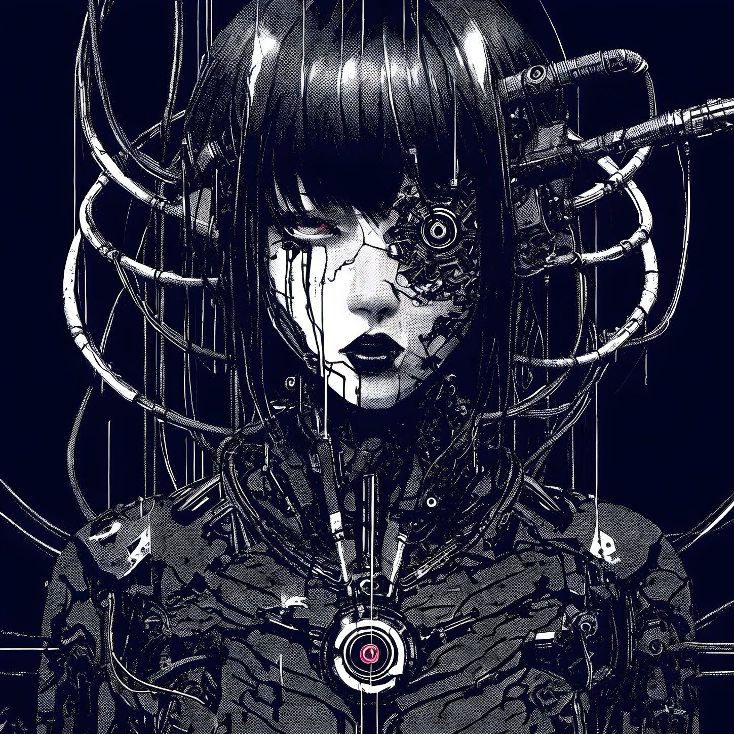 Monochrome image of a person with cybernetic enhancements and wires, sci-fi theme