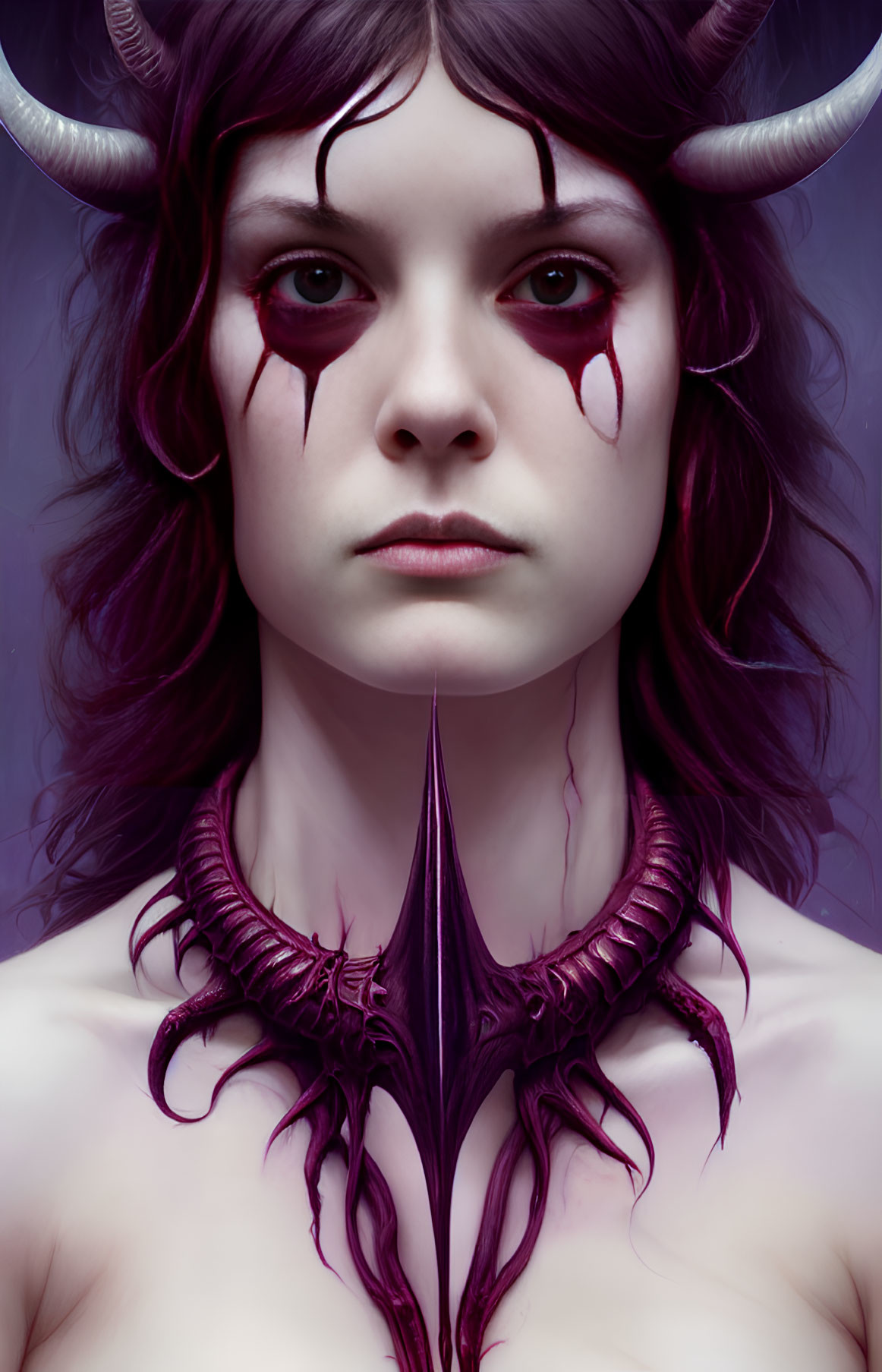 Purple-haired person with horns and choker in somber pose with tear streaks.