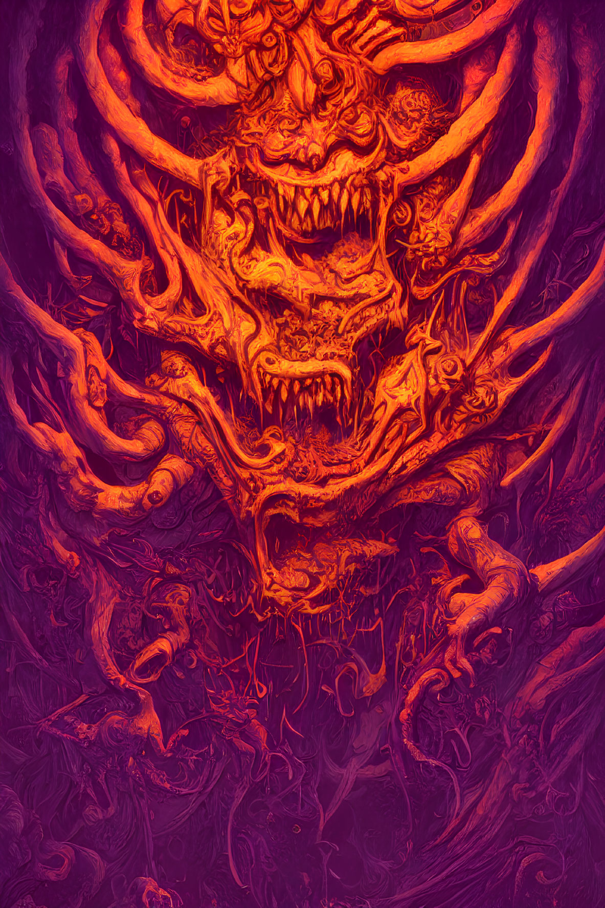 Vivid Red and Purple Illustration of Demonic Figures and Fiery Textures