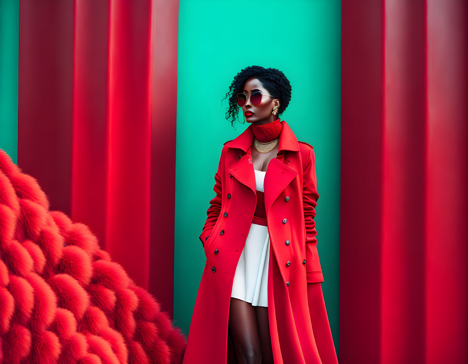Woman in Red Coat and Sunglasses Against Green and Red Striped Background