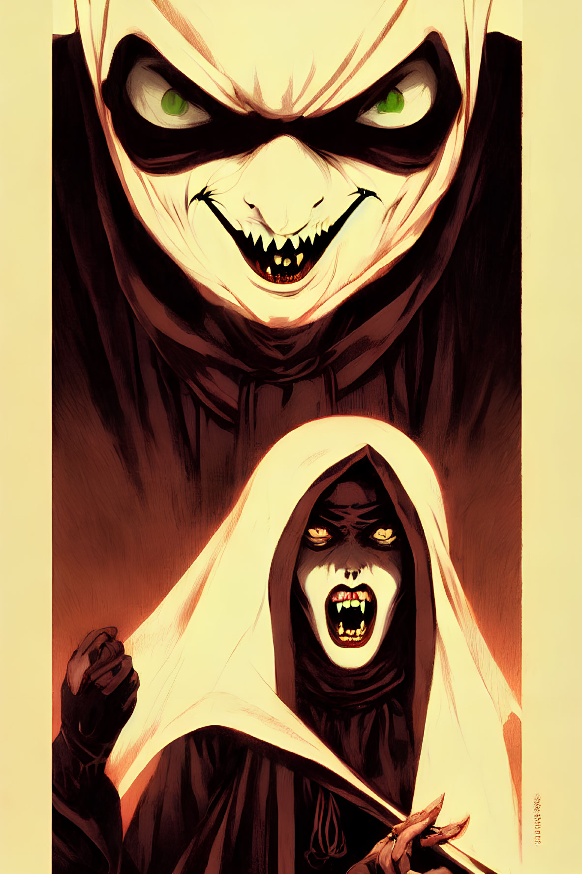 Dark hooded figures with green eyes and fierce expressions.