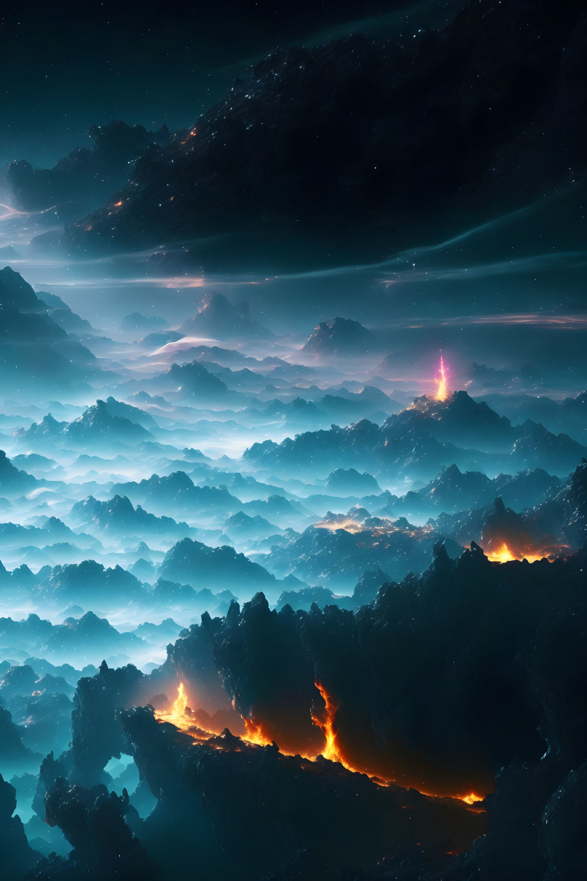 Surreal landscape with layered clouds, mountains, and shooting star