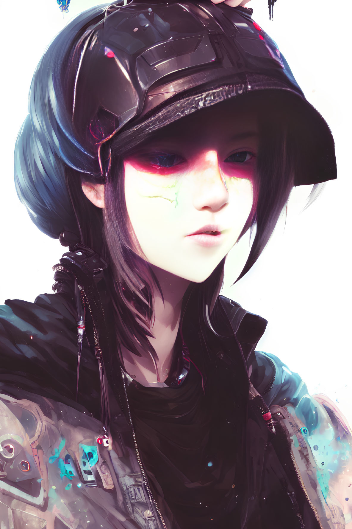 Stylized portrait of person with red blush, dark helmet, and pins on black jacket