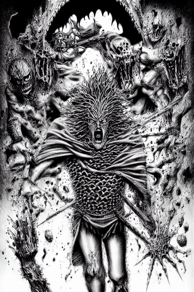 Detailed Monochrome Illustration of Anguished Central Figure Amid Monstrous Faces