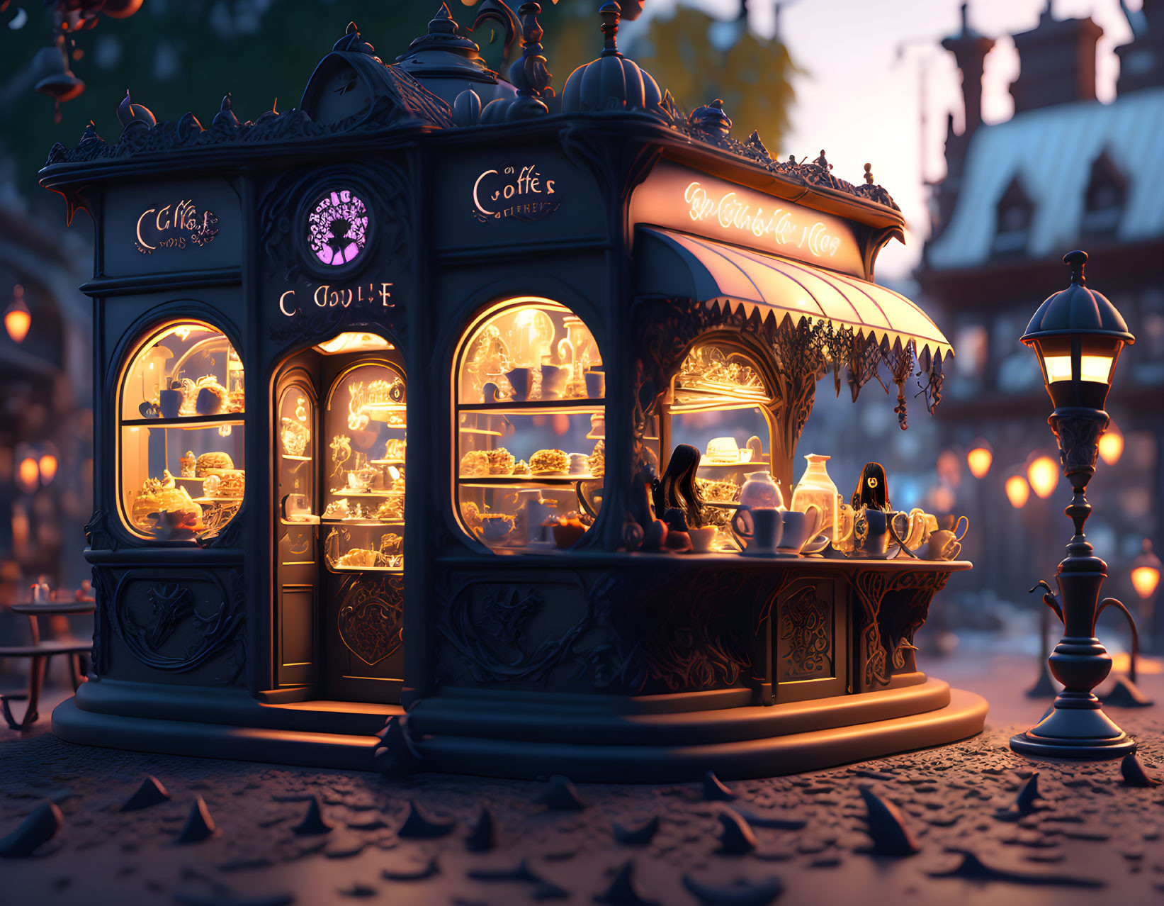 Vintage Coffee Kiosk with Ornate Design and Warm Glow