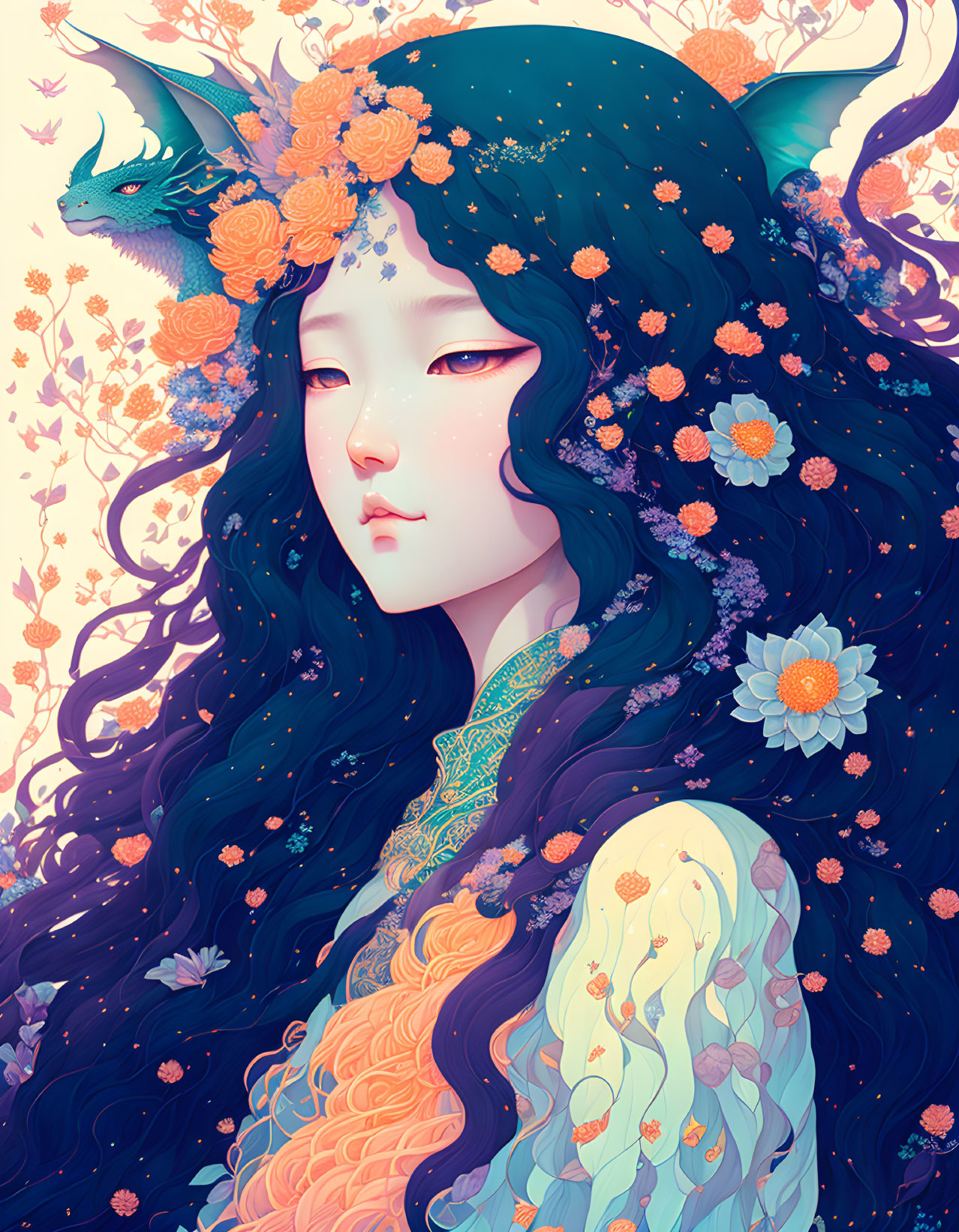 Mystical female figure with blue hair and dragon on floral background