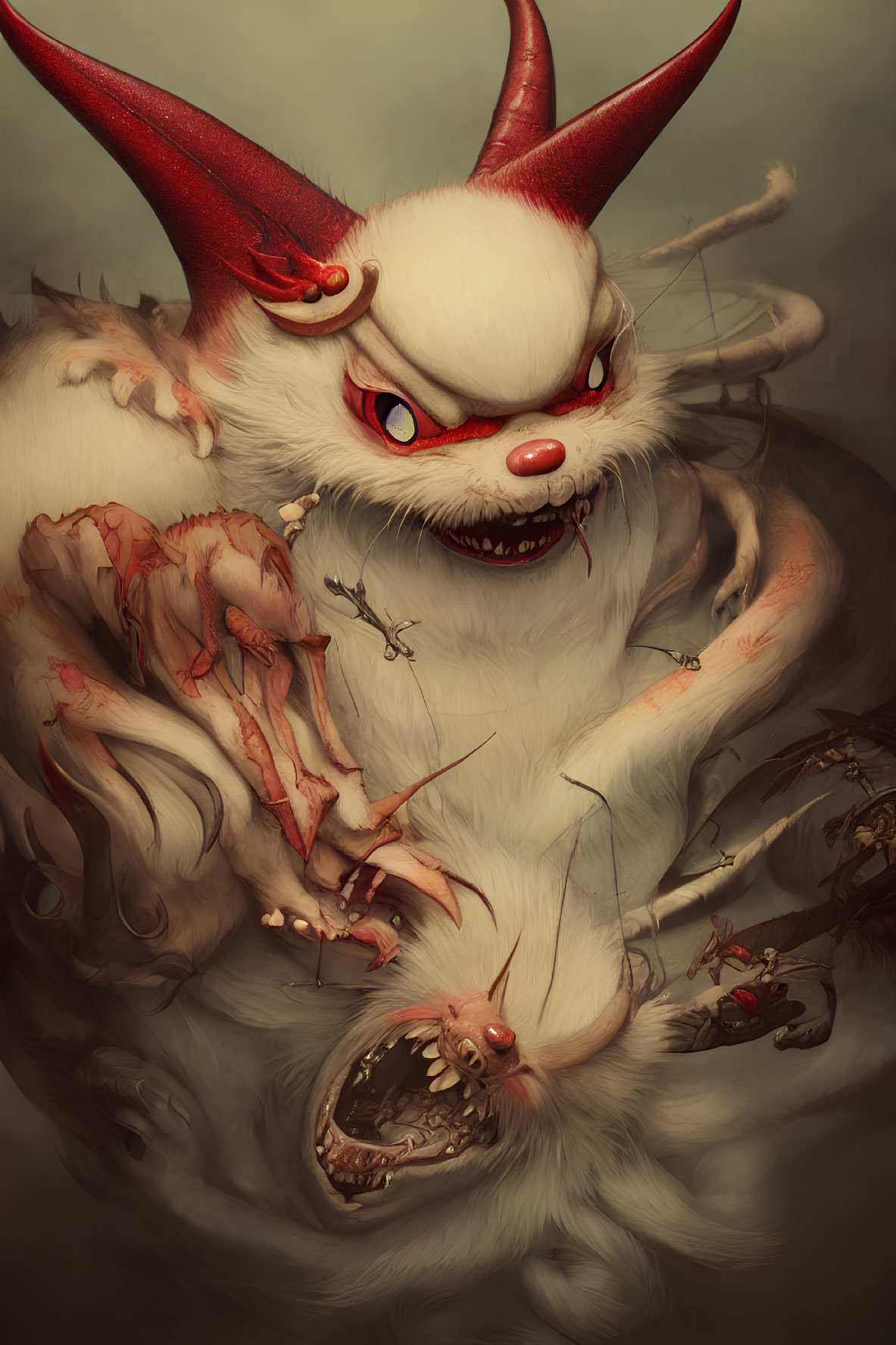 Monstrous white rabbit with red eyes, horns, sharp teeth, and exposed flesh surrounded by insects