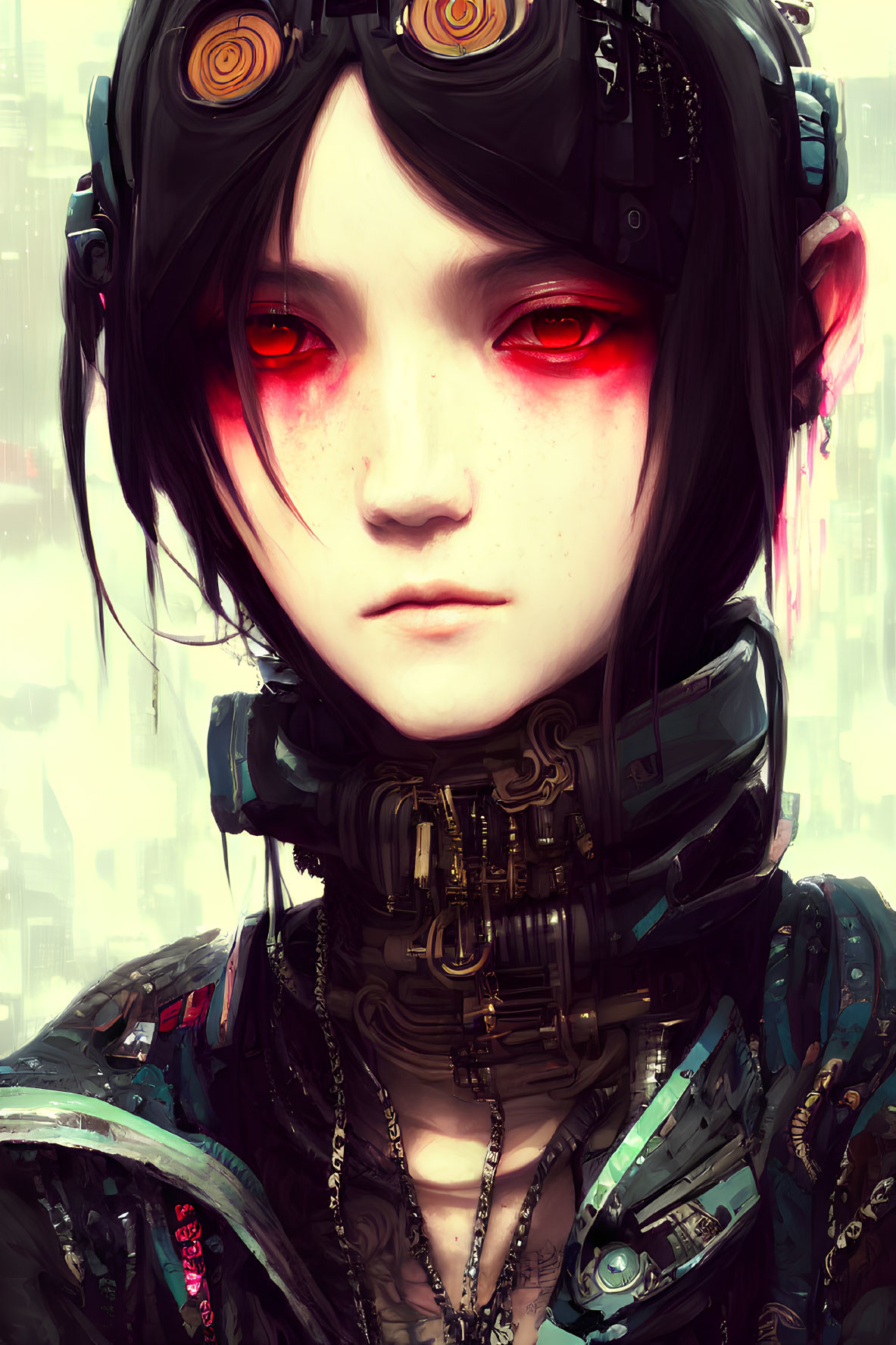 Illustration of person with red eyes, dark hair, cybernetic enhancements, and headphones on light