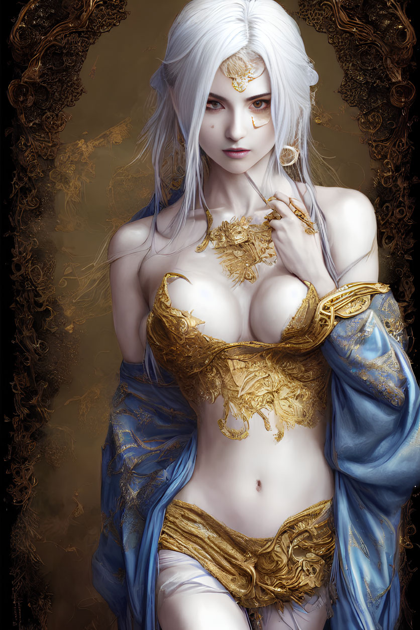 Fantasy Artwork: Woman in Gold Armor with White Hair