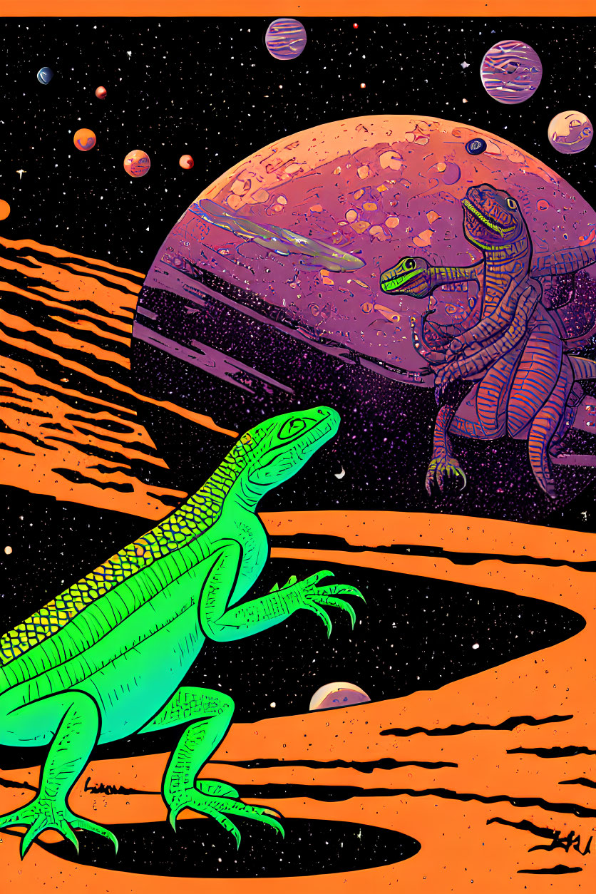 Colorful anthropomorphic lizards in space scene with planets and stars