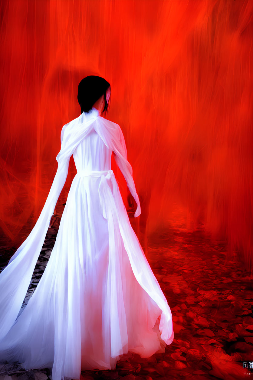 Dark-haired woman in white dress against red abstract backdrop