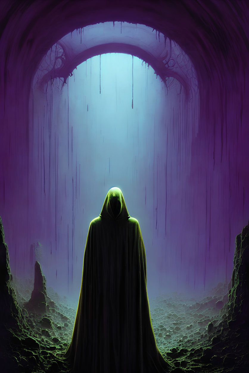 Cloaked figure at massive arched gateway in purple-hued realm