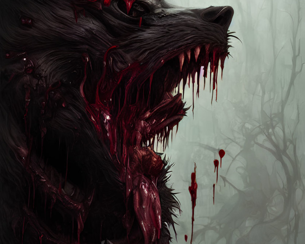 Menacing Black Wolf with Red Eyes in Eerie Forest