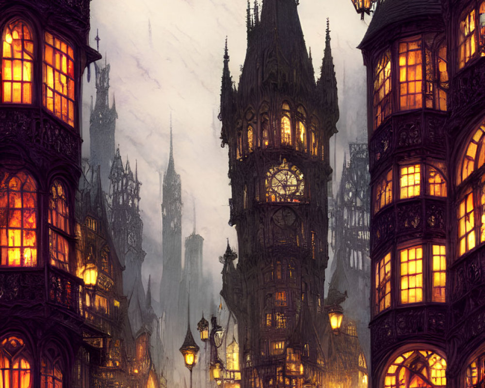 Gothic cityscape at twilight with towering spires and Victorian figures