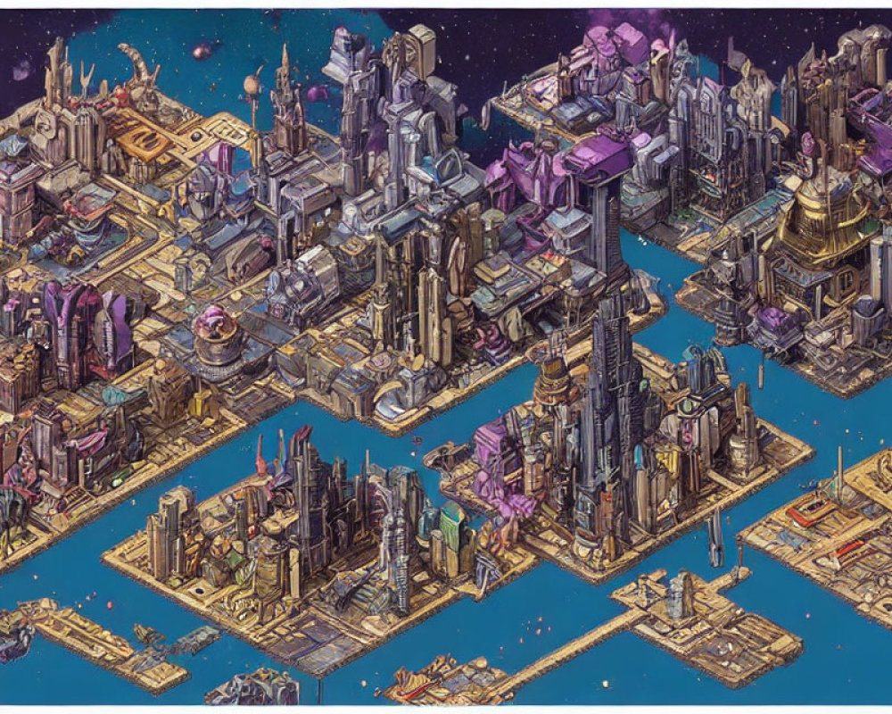 Detailed Pixel Art of Futuristic Floating City with Skyscrapers