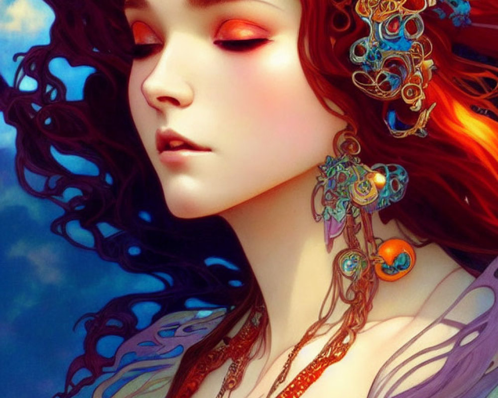 Vibrant woman illustration with red hair and ornate jewelry