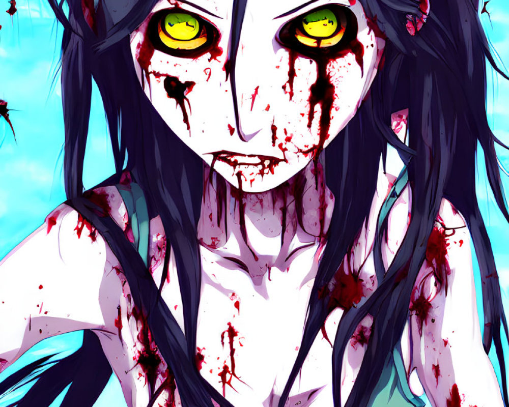 Anime-style character with long black hair, yellow eyes, blood splatters, blue dress