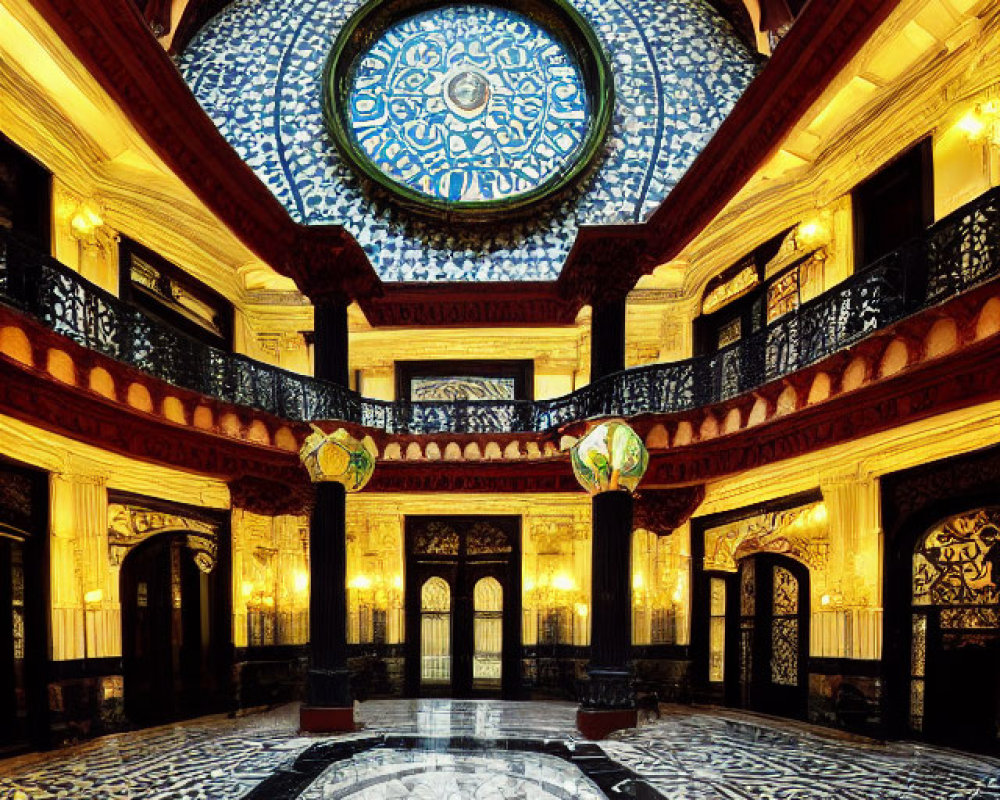 Luxurious interior with stained glass ceiling and mosaic floor patterns