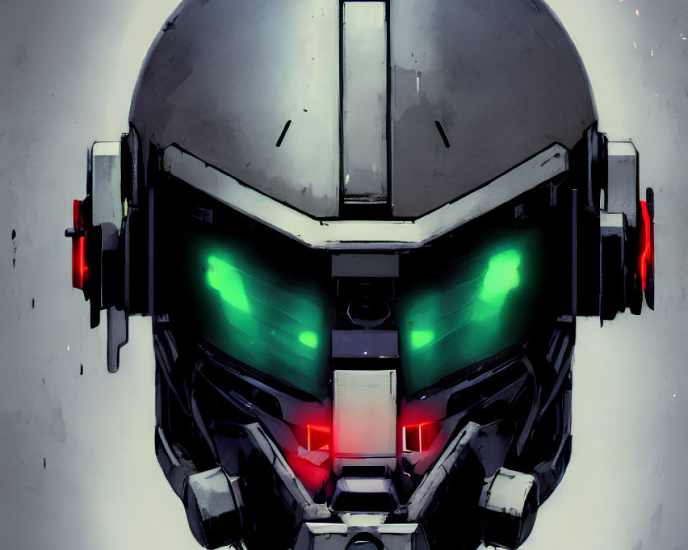 Futuristic robotic helmet with glowing green eyes and red visor