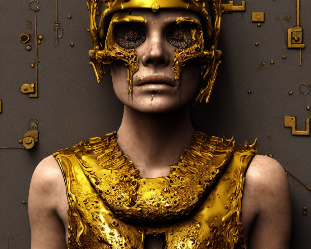 Elaborate Gold Headgear and Armor with Intricate Designs on Golden Mechanical Backdrop