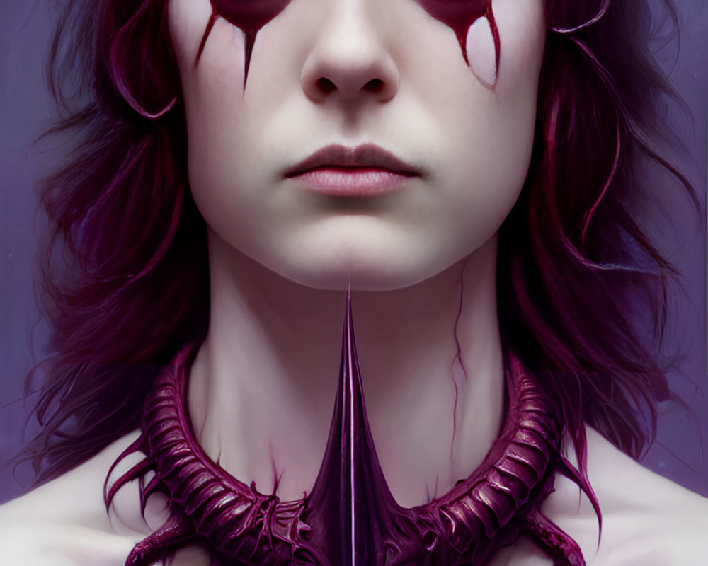 Purple-haired person with horns and choker in somber pose with tear streaks.