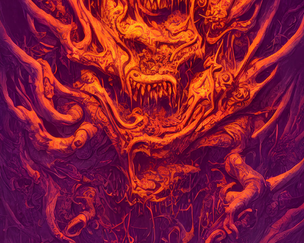 Vivid Red and Purple Illustration of Demonic Figures and Fiery Textures