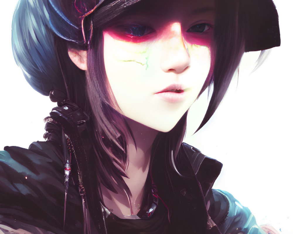 Stylized portrait of person with red blush, dark helmet, and pins on black jacket