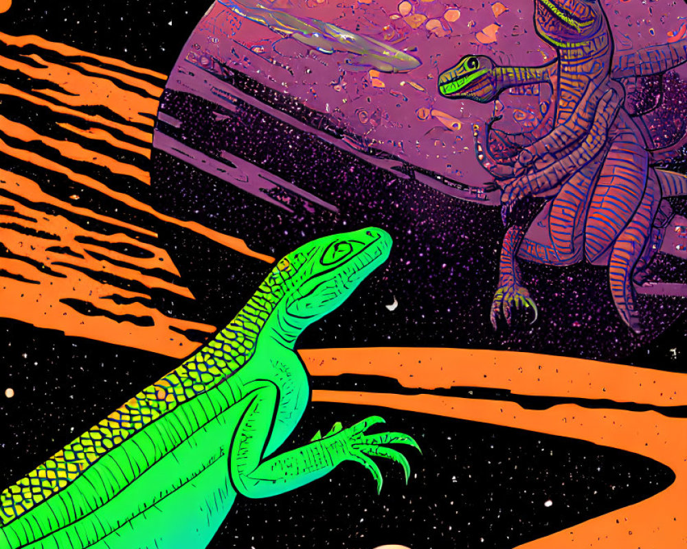 Colorful anthropomorphic lizards in space scene with planets and stars