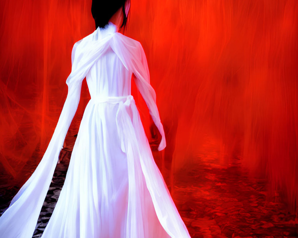 Dark-haired woman in white dress against red abstract backdrop