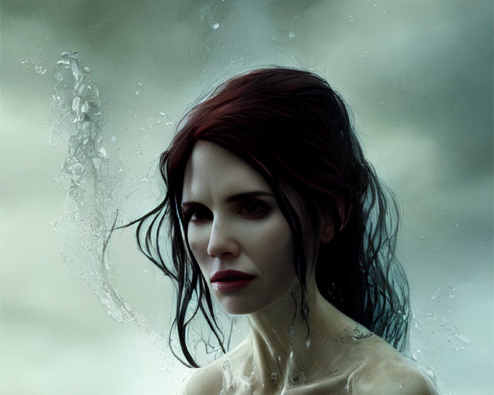 Red-haired woman emerges from water in stormy backdrop