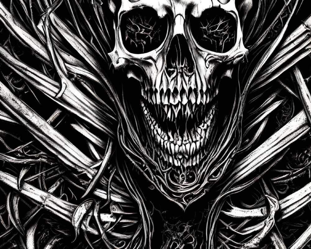 Detailed Black and White Skull Illustration with Intricate Root Patterns