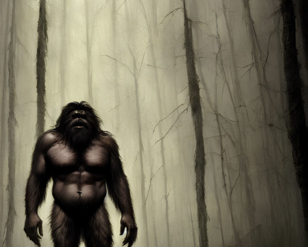 Giant ape-like creature in foggy forest with tall trees