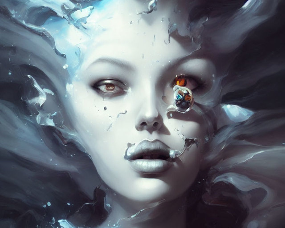 Surreal portrait: Two women with pale skin and dark hair merging in swirling water, one face