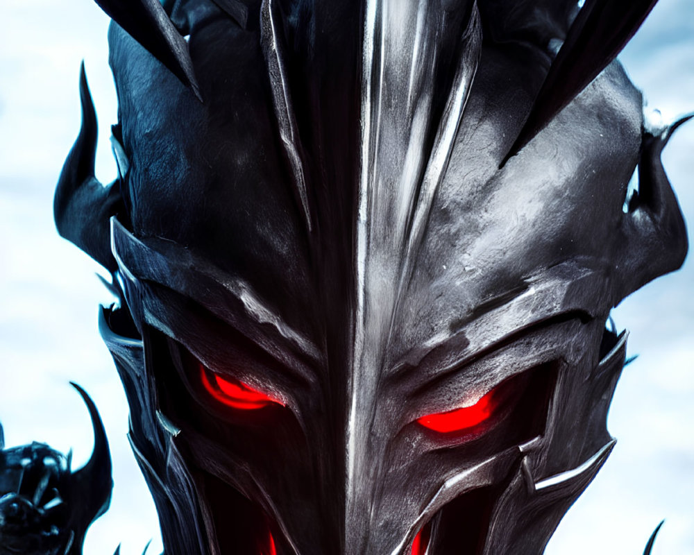 Menacing figure in dark horned helmet with glowing red eyes against cloudy sky